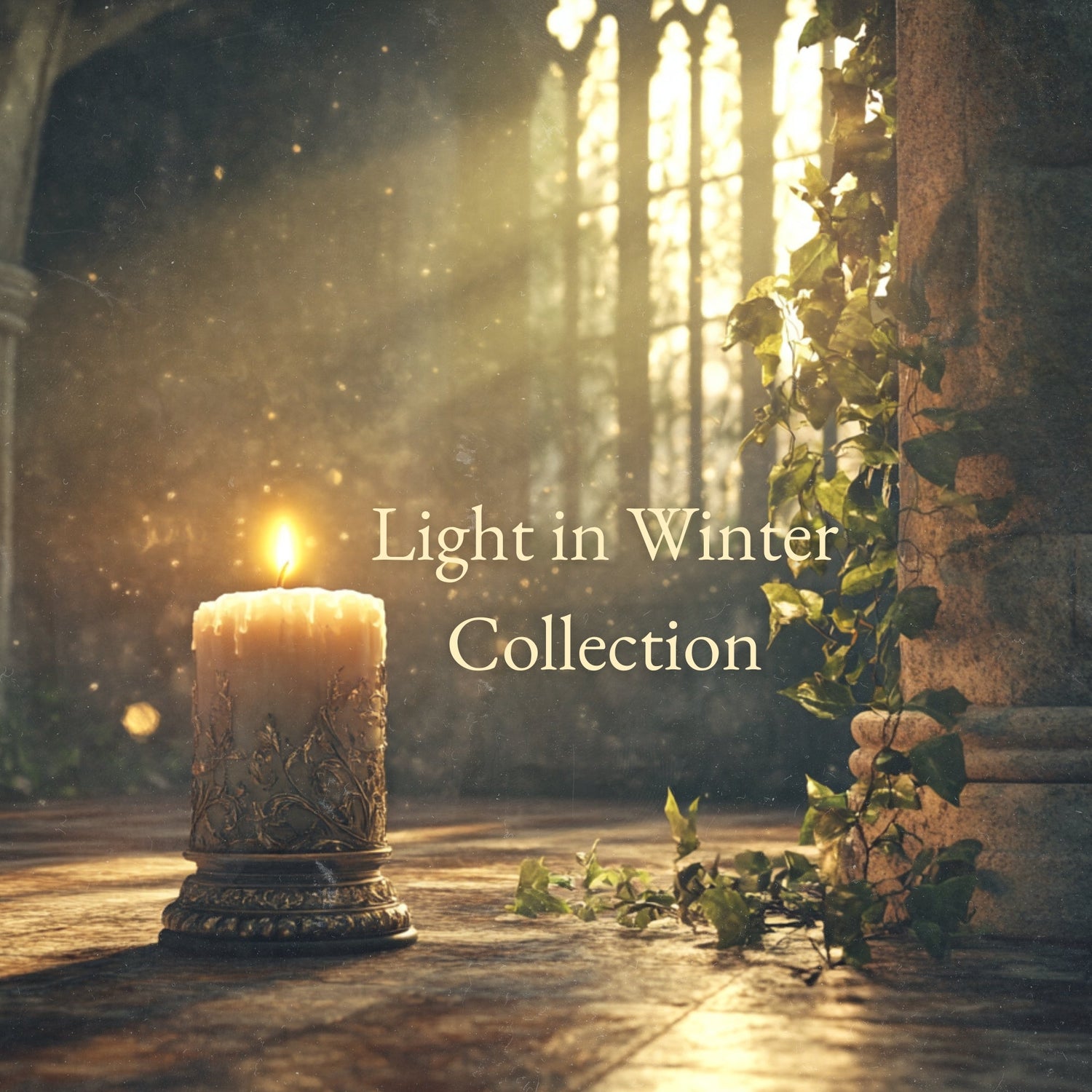 Candle glowing in stone arch — Light in Winter Collection.